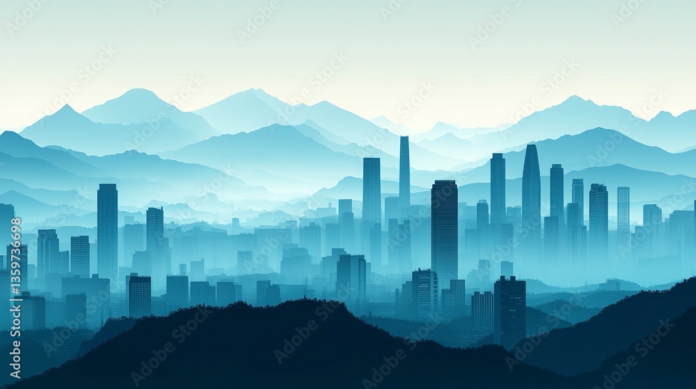 Fototapeta premium Silhouetted skyscrapers fading into layers of misty mountains, the gradient of soft blues creating a peaceful atmosphere, gentle haze blending the urban and natural elements