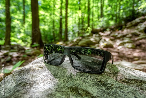 Stylish Sunglasses on Rock in Lush Green Forest Environment