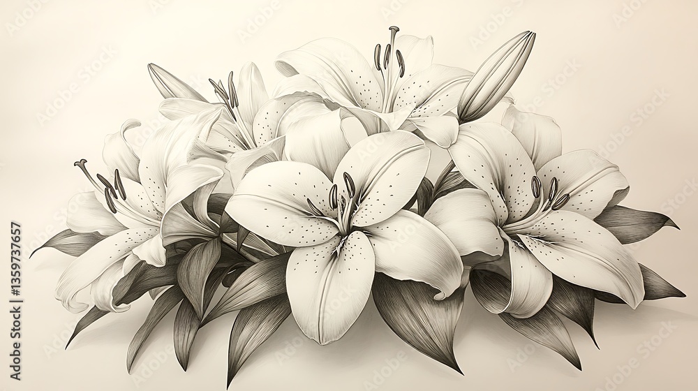Floral illustration. The flowers have petals with delicate spots and long stamens. Leaves are under the flower. Floral illustration. The flowers have petals with delicate spots and long stamens. Leaves are under the flower.