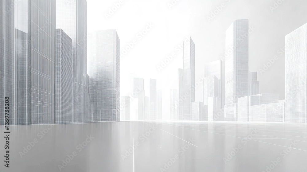 Fototapeta premium Sleek cityscape with simple linear designs, light gray and white tones outlining modern buildings, set on a clean white background 