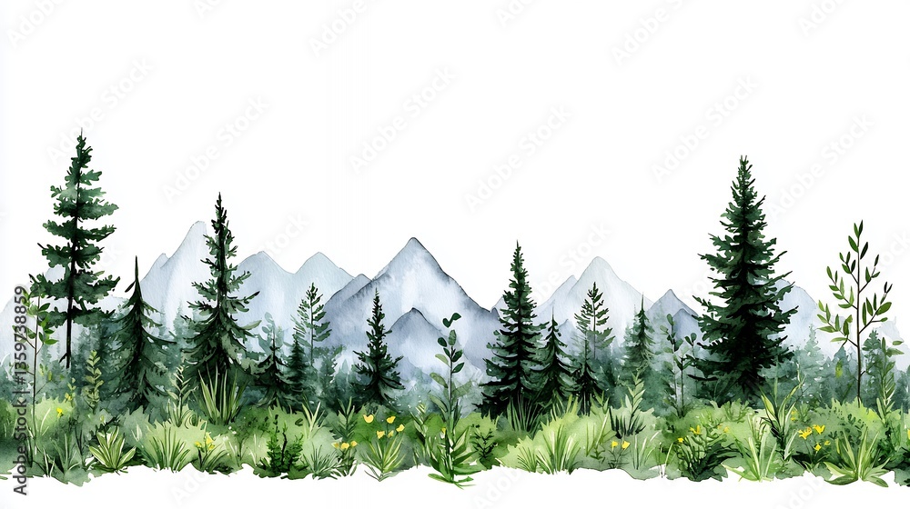 Fototapeta premium Serene Watercolor Mountain Landscape Painting