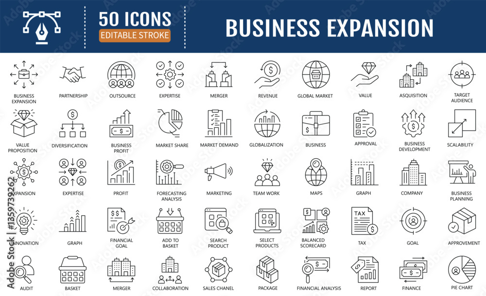 Fototapeta premium Business Expansion line editable icons set. Containing growth, expansion strategy system in global business network and more. Vector Illustration