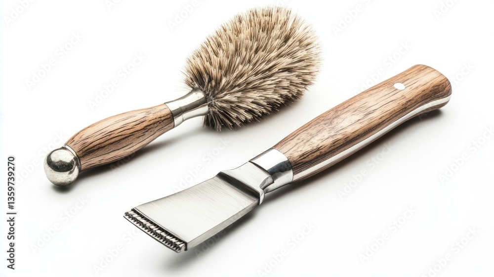 Two grooming brushes with wooden handles, one a round bristle brush, the other a flat scraper