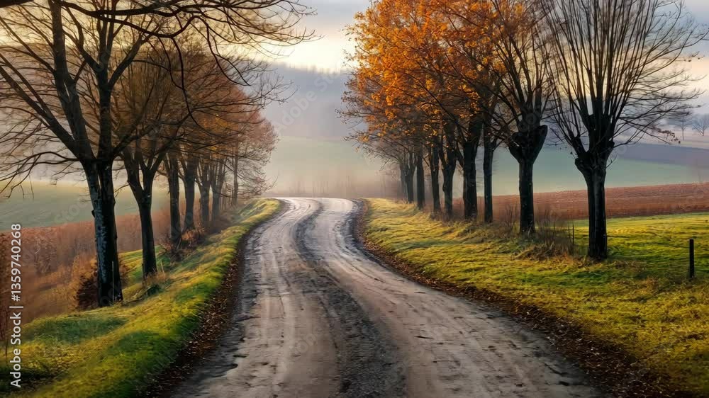 Winding country road lined with trees showcasing autumn colors in a ...
