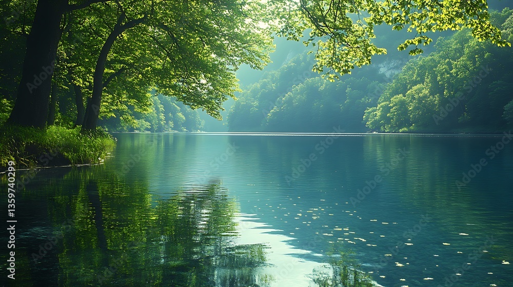 Fototapeta premium Serene Riverside with Lush Green Trees Reflecting in Calm Water