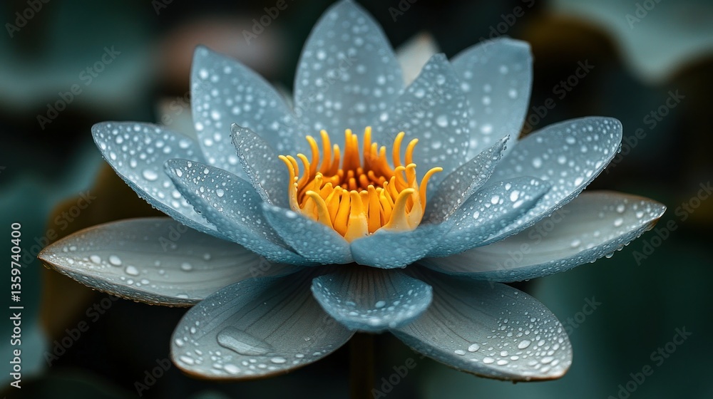 Fototapeta premium A delicate, light gray lotus flower, glistening with water droplets
