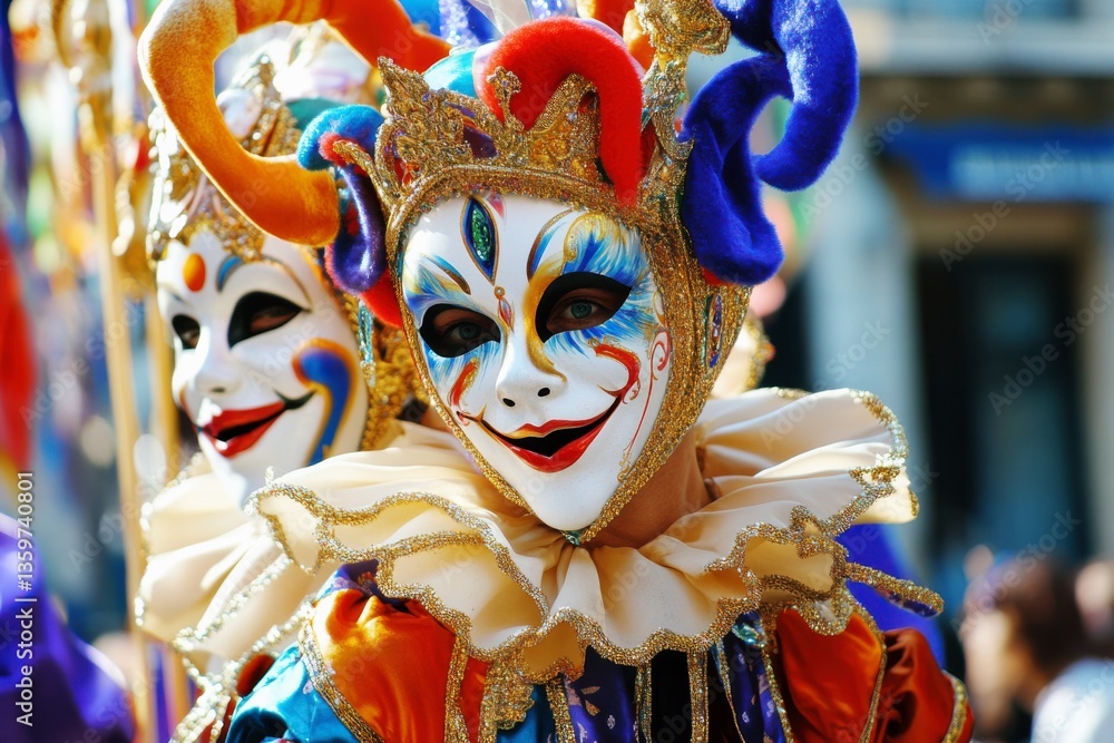 Colorful jester masquerade masks at street carnival festive celebration and traditional costume art