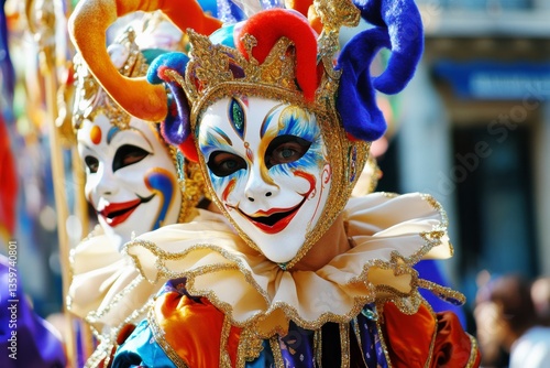 Obraz na płótnie Colorful jester masquerade masks at street carnival festive celebration and traditional costume art w salonie