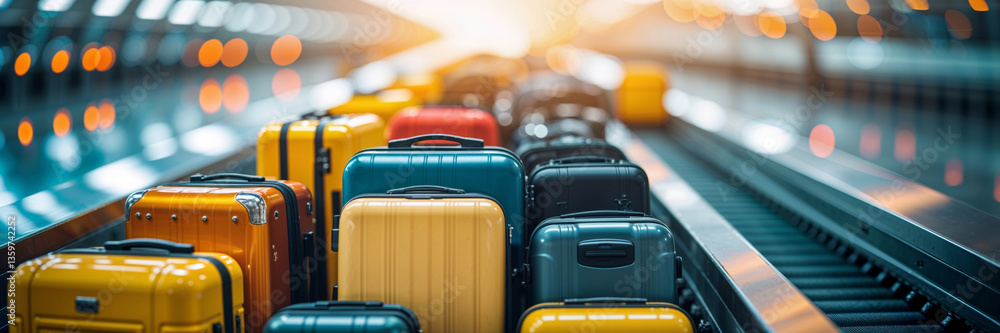 Fototapeta premium Colorful suitcases moving on an airport conveyor belt suggest adventure and the start of travel.