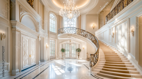 An elegant grand entryway featuring a sweeping staircase, a dazzling crystal chandelier, and luxurious architectural details