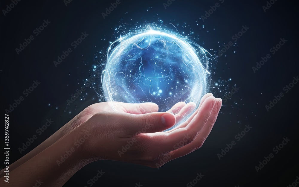 Mystical Energy Sphere: Delicate hands cradle a glowing orb of vibrant energy, its intricate patterns swirling with ethereal light, set against a backdrop of deep space. Evoking themes of power. Mystical Energy Sphere: Delicate hands cradle a glowing orb of vibrant energy, its intricate patterns swirling with ethereal light, set against a backdrop of deep space. Evoking themes of power.