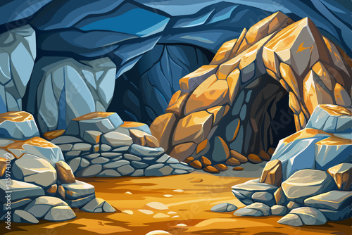 landscape with a rocky cave with stones illustration cartoon