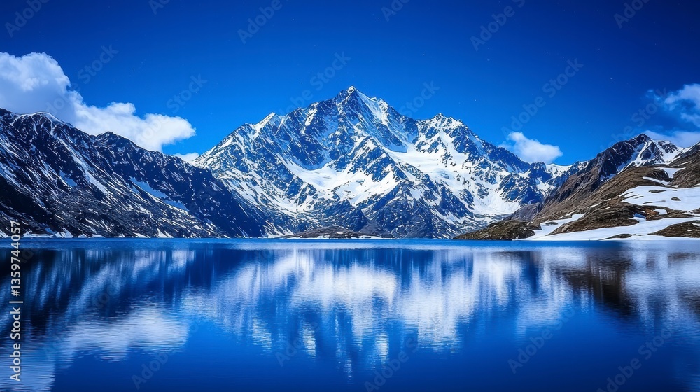 Fototapeta premium Snow Capped Mountain Reflected in a Serene Blue Lake