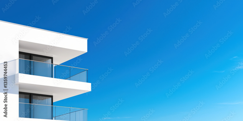 Fototapeta premium Modern apartment complex with glass balconies against clear blue sky, showcasing contemporary architecture and design