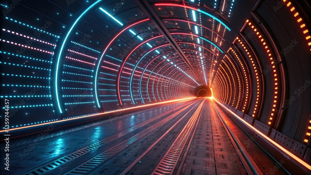 Fototapeta premium Drone footage reveals a vibrant, digital neon tunnelâ€”a 3D abstract of lightning-fast internet speed and server power.