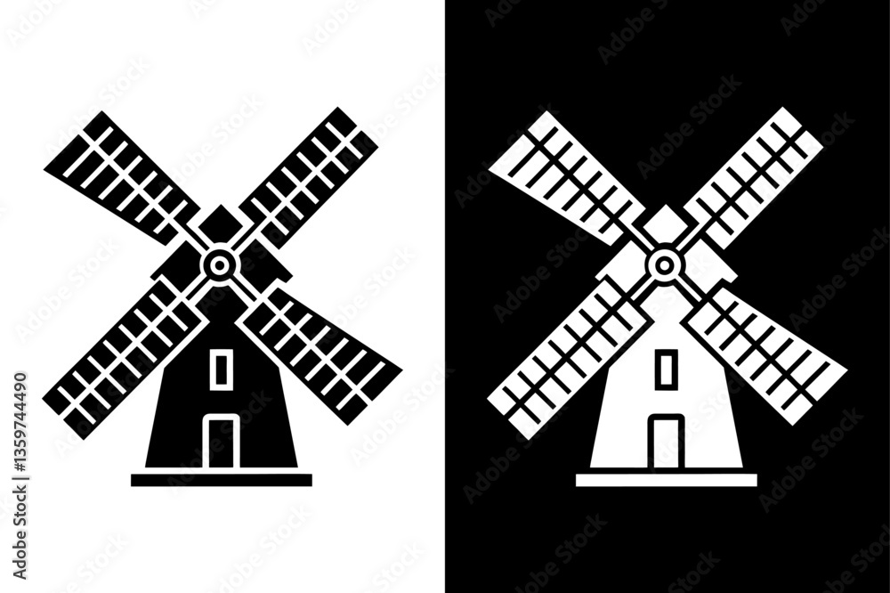 Windmill Silhouette Icon Crisp Black and White Vector Graphic. Windmill Silhouette Icon Crisp Black and White Vector Graphic.