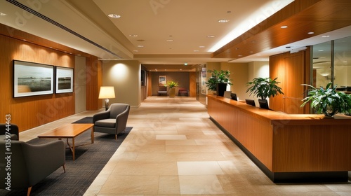 Wallpaper Mural A modern lobby with seating, plants, and a reception desk, designed for welcoming guests. Torontodigital.ca