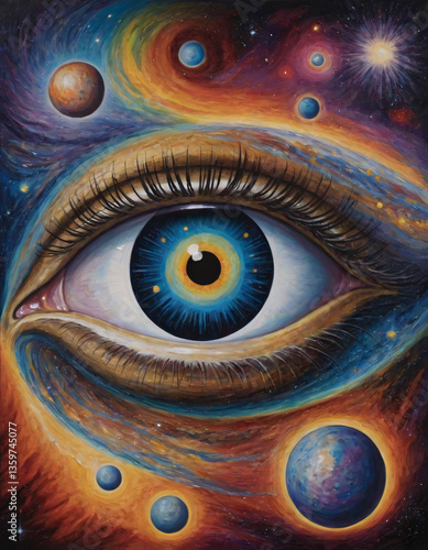 A surreal painting captures a close-up human eye with a nebula-filled iris, amidst a swirling cosmic backdrop of planets, stars, and vibrant nebulae, exploring the interconnectedness of vision