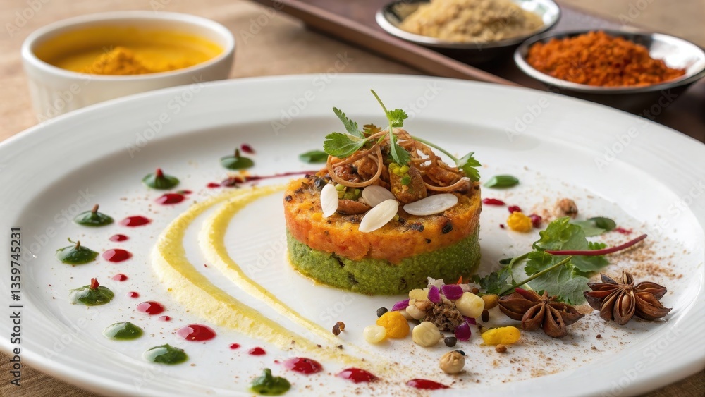 Delicious gourmet dish elegantly plated with colorful garnishes and spices. Delicious gourmet dish elegantly plated with colorful garnishes and spices.