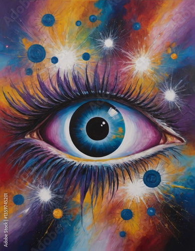 A surreal painting captures a stylized human eye with a swirling, multi-colored nebula in its iris, set against a vibrant cosmic backdrop of haloed spheres, planets, stars, and nebulae