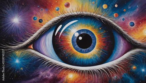 A surreal painting captures a stylized human eye with a swirling, multi-colored nebula in its iris, set against a vibrant cosmic backdrop of planets, stars, and nebulae