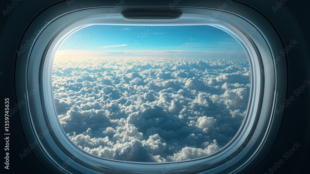 View from an Airplane Window Showing a Cloudy Sky and Blue Horizon View from an Airplane Window Showing a Cloudy Sky and Blue Horizon