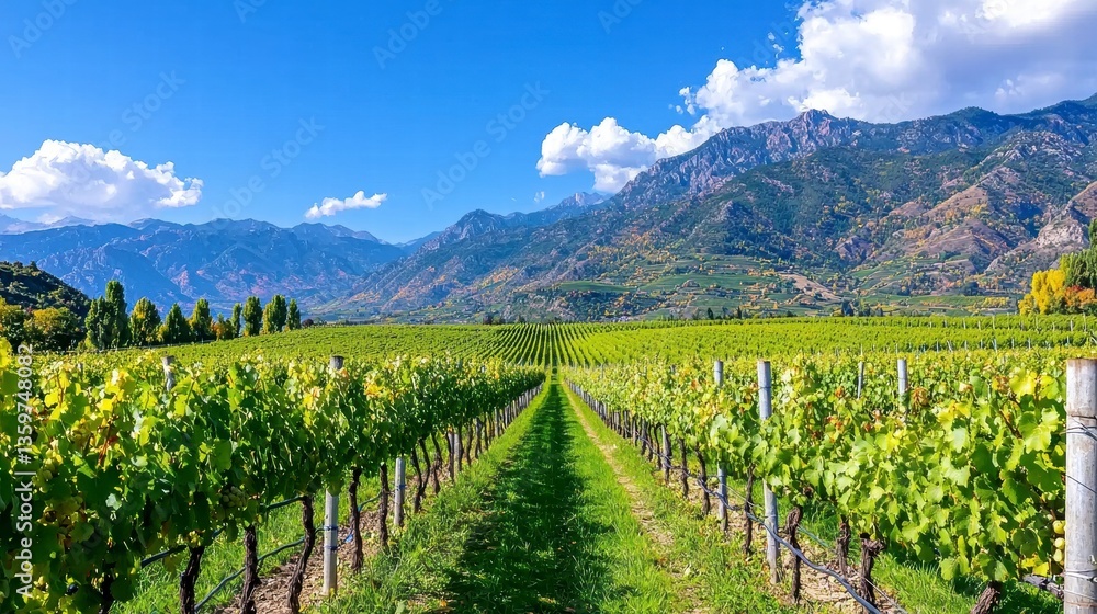 Sunlit Vineyard Rows in Mountainous Region Sunlit Vineyard Rows in Mountainous Region