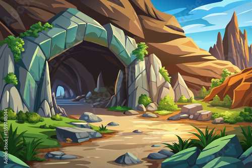 landscape with a rocky cave with stones illustration cartoon