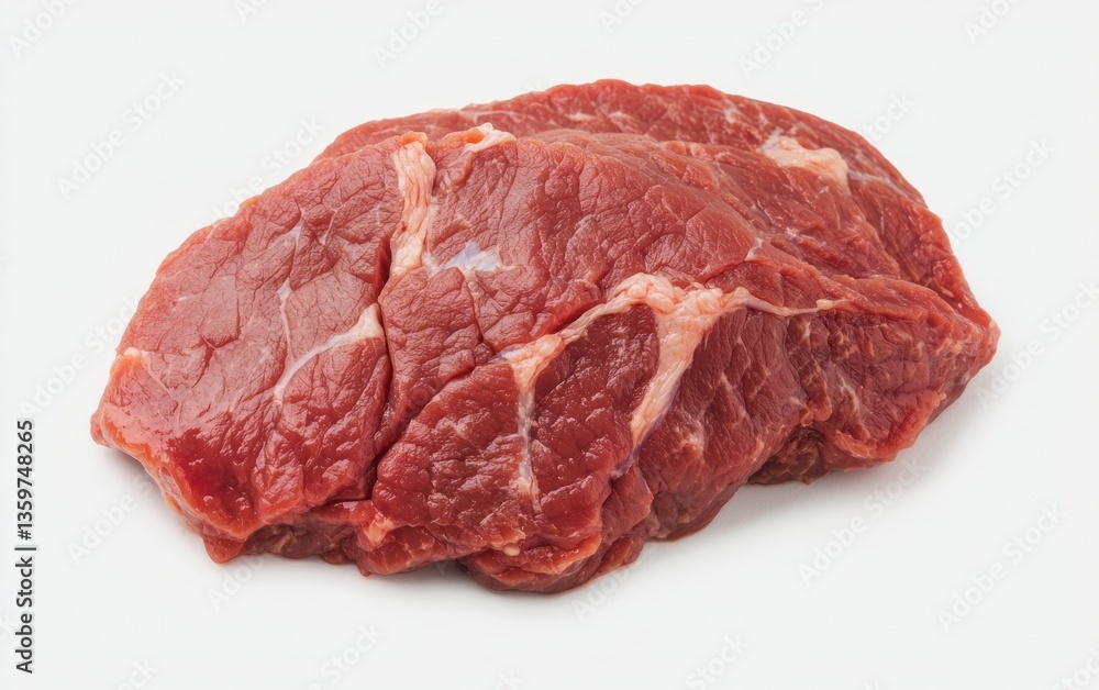 Close-up view of two raw beef steaks on a white background. The beef is a rich red color with visible marbling. The image is well-lit, showcasing the texture and color of the meat Close-up view of two raw beef steaks on a white background. The beef is a rich red color with visible marbling. The image is well-lit, showcasing the texture and color of the meat