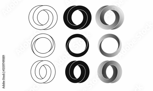 set of abstract impossible circle shapes creating an optical illusion, resembling the letter O in outline, solid, and gradient styles. Perfect for logos and designs