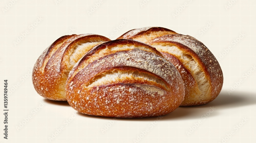 Fototapeta premium Three Golden Brown Artisan Bread Rolls on Off White Background