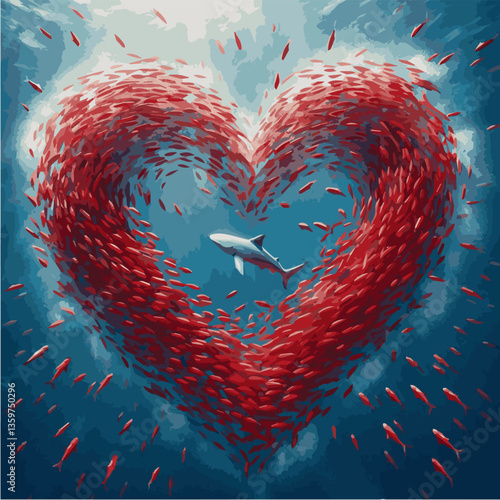 A shark surrounded by thousands of small red fish that form the shape of a heart. Vector graphics. EPS.
