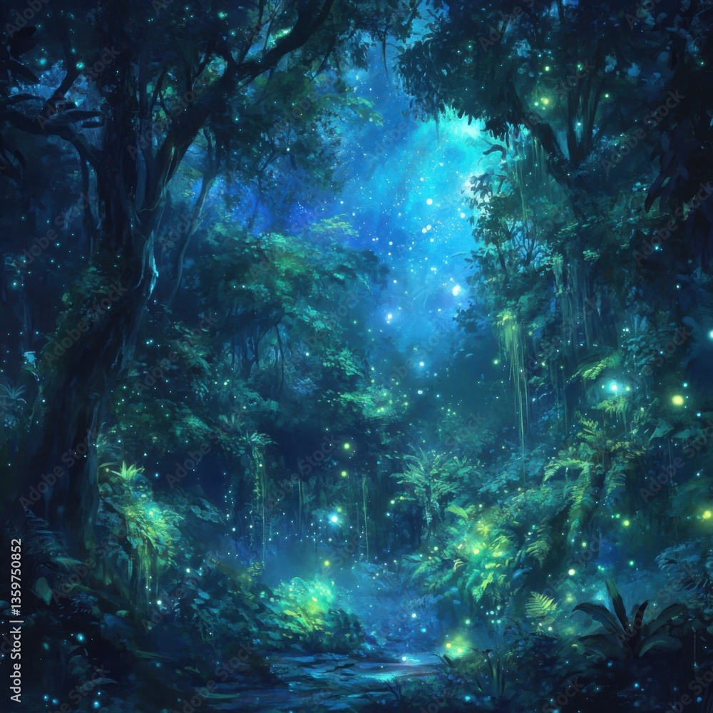 Fototapeta premium Mystical Enchanted Forest at Night with Glowing Light Particles