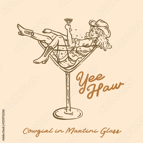 WHimscial style hand drawn cowgirl in Martini glass vector