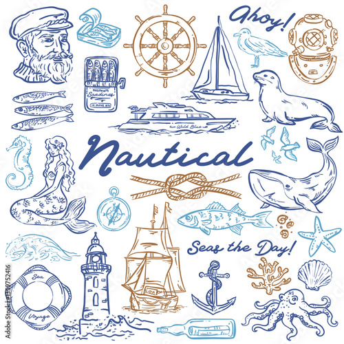 Whimsical Nautical hand drawn illustrations, vector set, collection