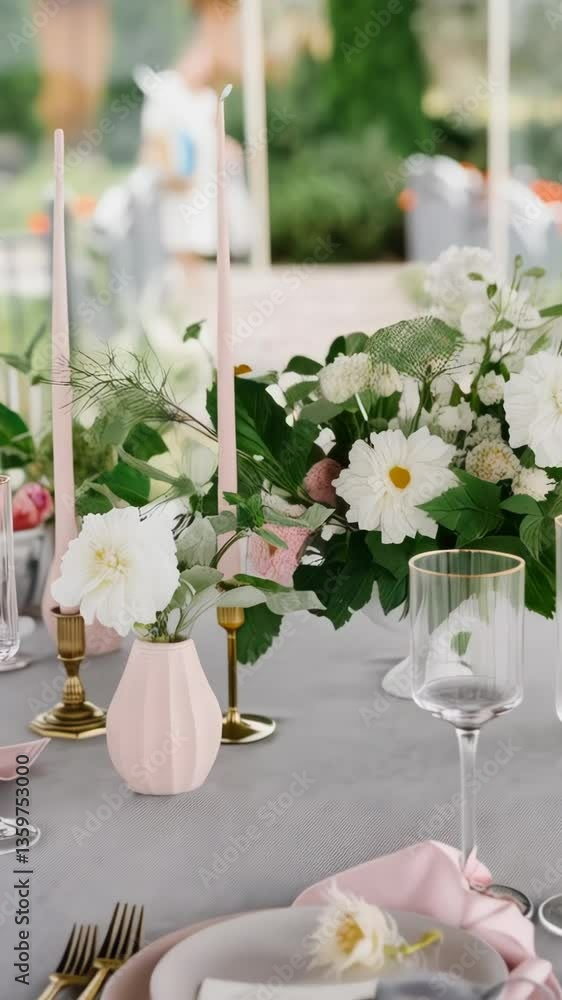 Beautiful atmosphere of a happy holiday on Wedding Day, Valentine's Day, Birthday. Festive table with delicate flowers, pink candles and beautiful table setting, with a view of the sea. Beautiful atmosphere of a happy holiday on Wedding Day, Valentine's Day, Birthday. Festive table with delicate flowers, pink candles and beautiful table setting, with a view of the sea.