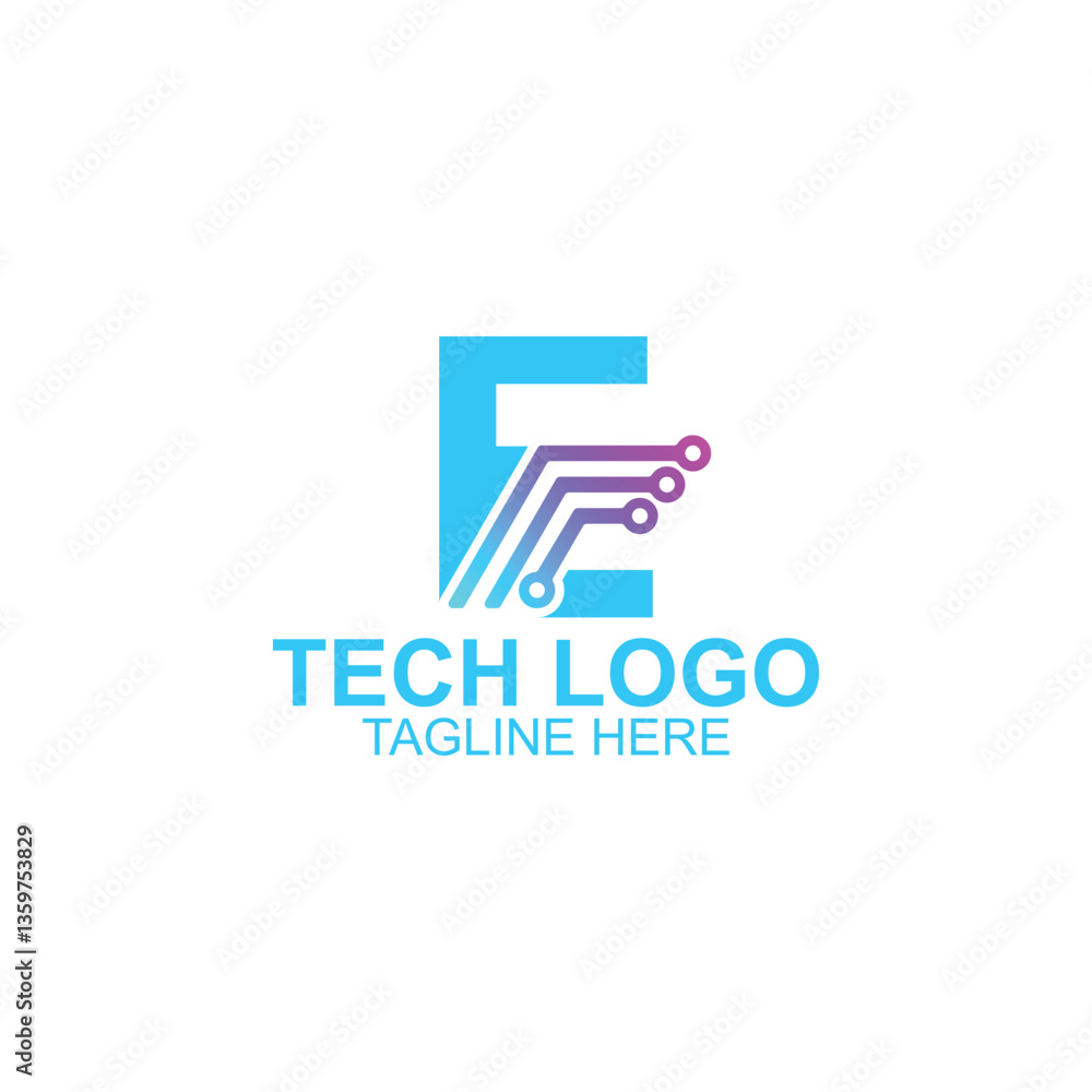 letter e logo design for technology with creative illustration