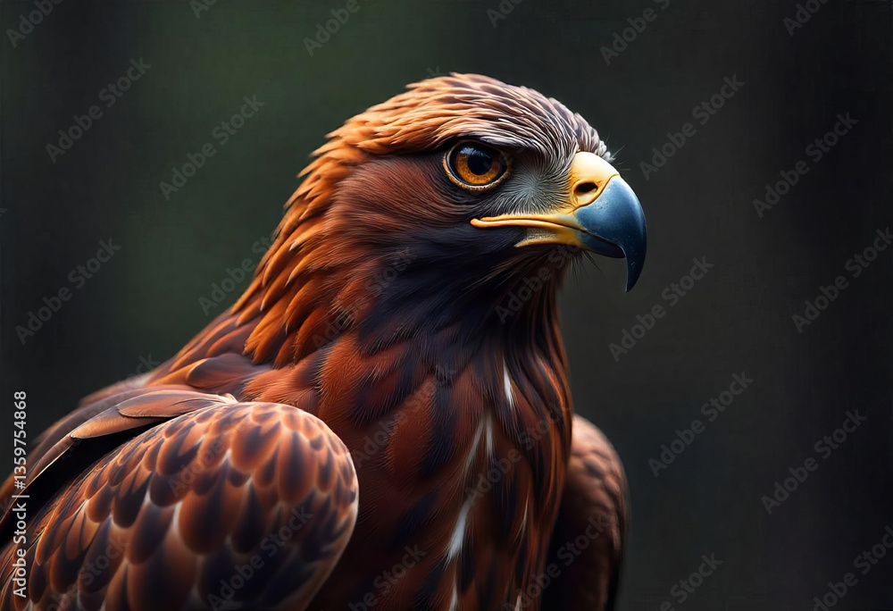 Obraz premium A golden eagle with brown and orange feathers, sharp yellow beak, intense gaze, perched against a dark green background, detailed feather texture, majestic and powerful