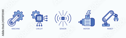 Building Blocks Of Robotics And Automation Icon Set Vector Illustration Concept With Icon Of Machine, Circuit, Sensor, Motor, Robot In Blue Style
