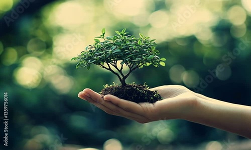 Human hand gently holding small tree emphasizing biodiversity and conservation created with Generative AI technology