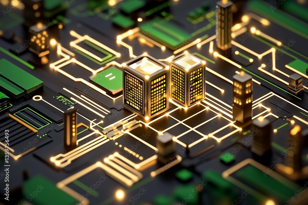 Concept of a Smart Home 3D Illustration of a Circuit Board with a Miniature House and Connected Wires Concept of a Smart Home 3D Illustration of a Circuit Board with a Miniature House and Connected Wires