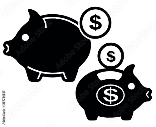 Pink piggy bank with coins and money symbols.