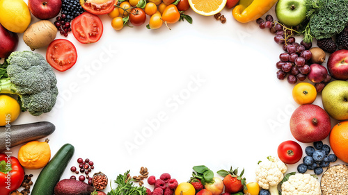 Corner borders featuring fruits, vegetables, whole grains and other healthy foods, promoting National Nutrition Month. Use bright, fresh colors on a white background