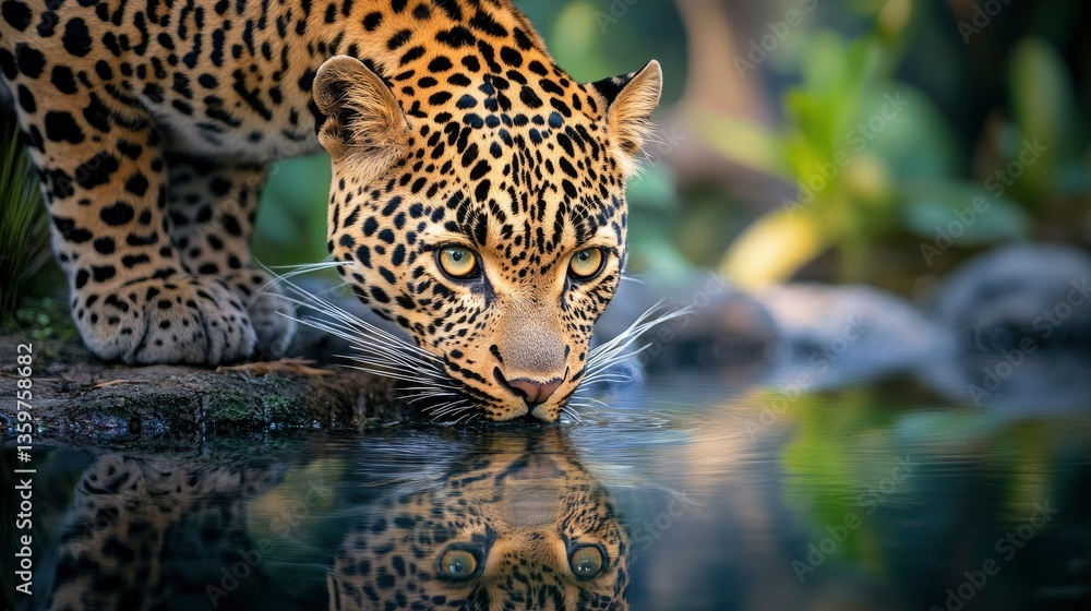 Obraz premium Leopard drinks water world water day celebration nature scene wildlife close-up