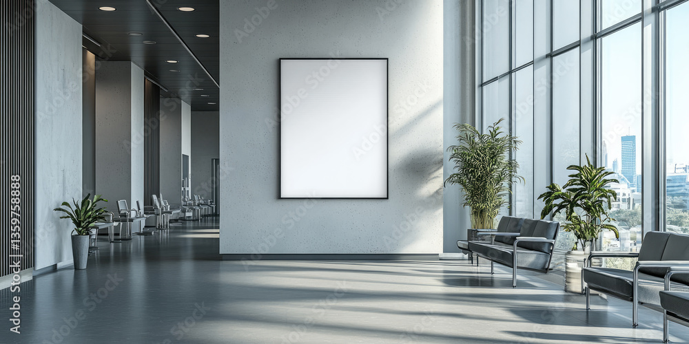Mock up of white horizontal poster frame on modern wall in minimalist waiting room interior with chairs,green plants, perfect for advertisement , information board design. Banner, copy space