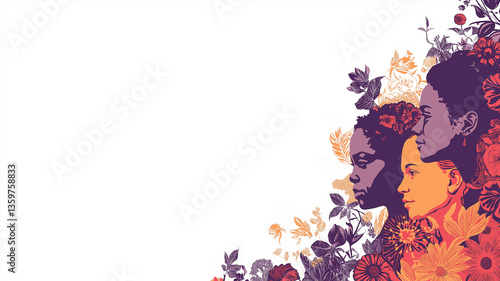 Corner borders featuring portraits of notable women, empowering quotes, and symbolic imagery, honoring National Women's History Month