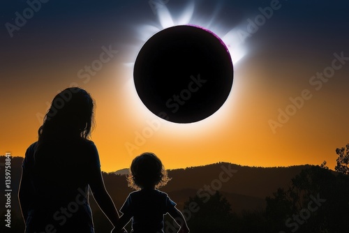 Child and parent share a breathtaking moment during the solar eclipse in the serene evening sky