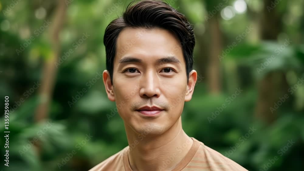 Serene man in nature: calm expressions and tranquil forest setting Serene man in nature: calm expressions and tranquil forest setting