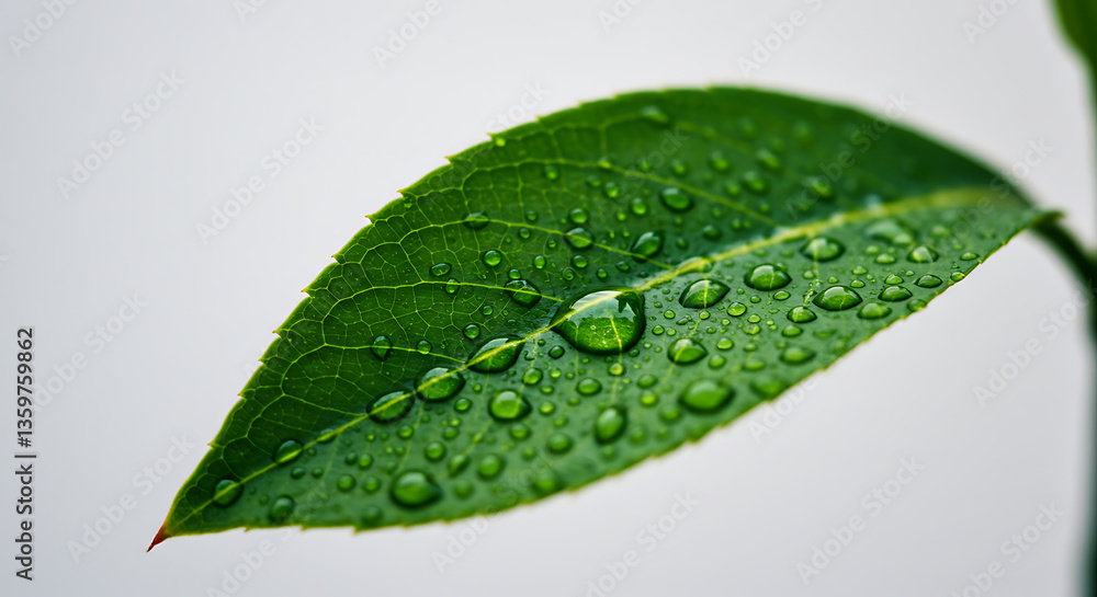 Fototapeta premium Fresh Green Leaf Covered in Water Droplets After Rain Shower