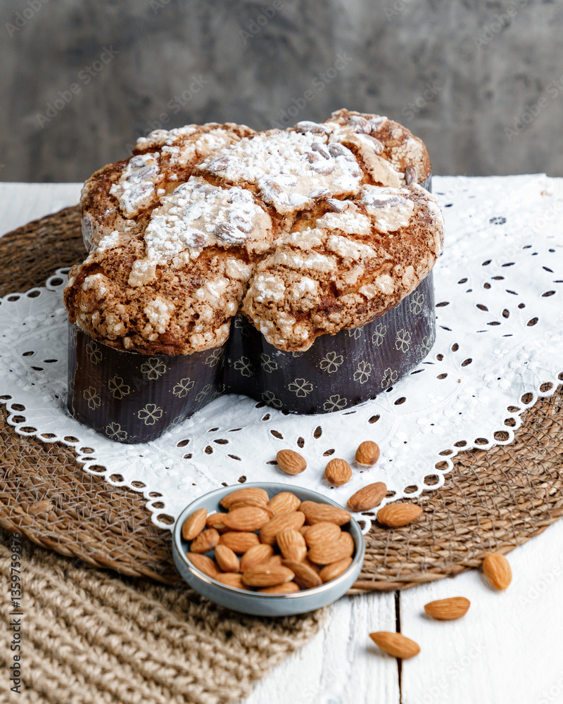 Fototapeta premium Colomba - Italian traditional Easter bread is topped with pearl sugar and almonds in the shape of a dove. Festive pastries are traditional in Italy.